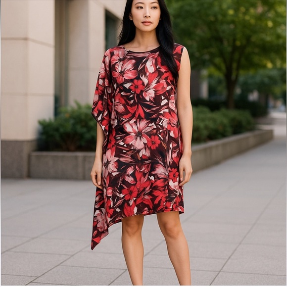 Thalia Sodi Floral Sheath Dress Large Multicolor Round Neck Asymmetrical Classy - Picture 2 of 7